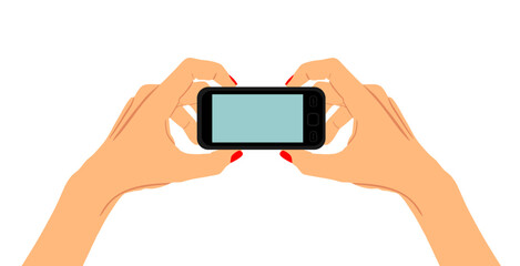 Smart mobile phone in woman hands vector illustration isolated on white background. Cell phone take a photo and send picture by internet on social network. Entertainment gadget.