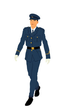 Elegant pilot in uniform walking vector illustration. Air plane cabin crew member. Civil air traffic captain officer on duty. Patriot man. Handsome boy.