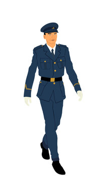 Elegant pilot in uniform walking vector illustration. Air plane cabin crew member. Civil air traffic captain officer on duty. Patriot man. Handsome boy.