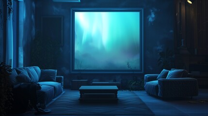 A mysterious living room with an empty canvas frame, bathed in the soft light of a mystical aurora.