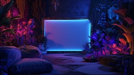 A mystical living room with an empty canvas frame, illuminated by the ethereal glow of bioluminescent plants.