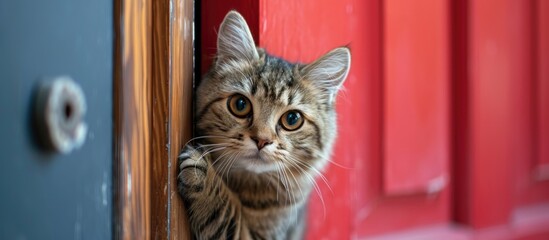 Cat rubs against the door.