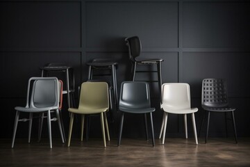 An individual chair stands out amongst a series of uniform grey chairs. Generative AI