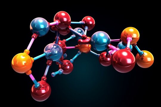 3D rendering of baclofen drug molecule with colored spheres representing hydrogen, carbon, nitrogen, oxygen, and chlorine atoms. Generative AI