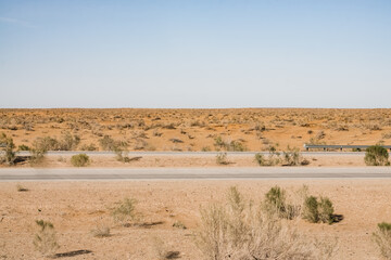 Asphalt road in the hot Kyzylkum desert in Uzbekistan
