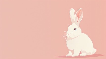  a white rabbit sitting in the middle of a pink background with a shadow of a rabbit on it's back and a shadow of a rabbit on the side of it's head.