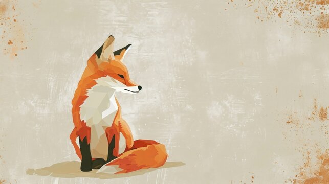  a red fox sitting on top of a floor next to a white and brown wall with spots of paint on it's back and it's sides, looking to the other side.