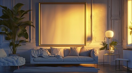 A serene living room with a grand empty canvas frame, bathed in soft golden light