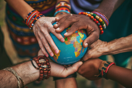 Many hands of different ethnicities touching the globe.