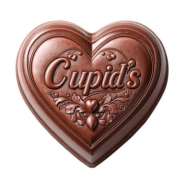 Elegant Cupid's Embossed Chocolate Heart with Floral Design. Valentine's edible heart made out of pure chocolate with the brand Cupid's isolated on a white background