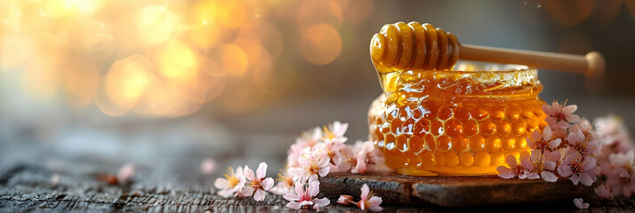 Honey in a jar against the background of flowers and blurred background - obrazy, fototapety, plakaty