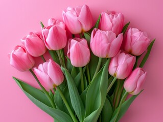 Beautiful Composition of Spring Flowers: Bouquet of Pink Tulips on Pastel Pink Background AI Generated