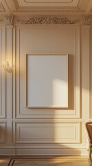 Fototapeta premium A traditional living room with classic moldings, showcasing an empty canvas frame on a wall painted in a gentle pastel shade. The frame is lit by the warm, inviting light of a classic chandelier
