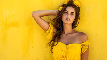 young attractive lady in yellow sundress against yellow wall, generative ai - 714336119