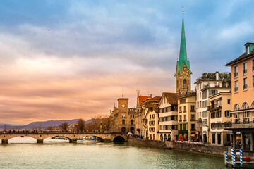 Zurich city center, Switzerland. Zuerich old town with famous Fraumunster and Munsterbrucke bridge...