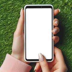 Mockup of female hand holding cell phone with blank screen