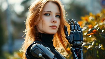 portrait of young lady with bionic hand, generative ai - 714336195