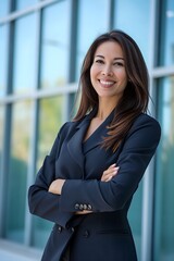 Fototapeta na wymiar portrait of a Hispanic businesswoman, smiling, outside, arms crossed