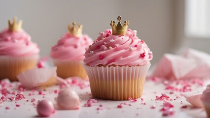cupcake with pink icing and gold crown A festive photo of a pink cupcake with a princess crowns on top. The cupcake is in a pink  