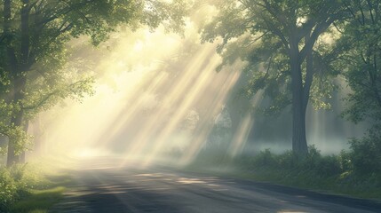  the sun shines through the trees onto a road in the middle of a wooded area with trees on both sides of the road and a foggy road in the foreground.