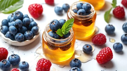 Organic honey and fresh berries setup on a white background, illustrating natural sweeteners and antioxidants