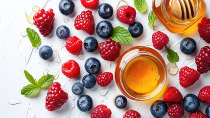 Organic honey and fresh berries setup on a white background, illustrating natural sweeteners and antioxidants