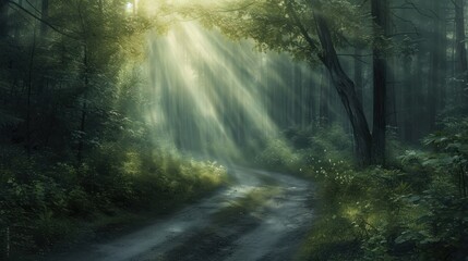 a painting of a dirt road in the middle of a forest with sunbeams shining through the trees on the other side of the dirt road is a dirt road.