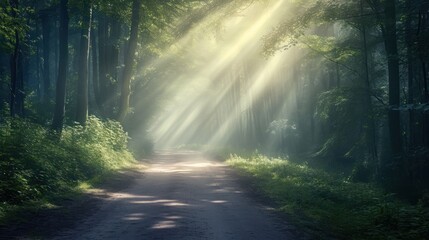 Obraz premium a dirt road in the middle of a forest with bright beams of light coming out of the trees on either side of the road and on the other side of the road.