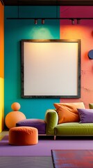 A vibrant living room with colorful decor, showcasing an empty canvas frame against a wall painted in a bright, bold hue. The frame is spotlighted by a contemporary track lighting system.