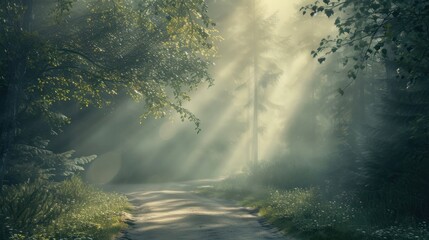  a dirt road in the middle of a forest with sunbeams coming through the trees and sunbeams coming out of the trees on either side of the road.