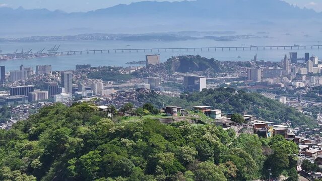 Prazeres Hill In Rio De Janeiro Brazil. Favela Aerial View. Tijuca Forest. Rio De Janeiro Brazil. Rio Niteroi Bridge Background. Prazeres Hill At Rio De Janeiro In Rio De Janeiro Brazil.