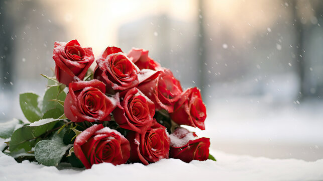 Beautiful bouquet of red roses covered with the first snow