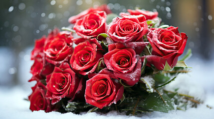 a bouquet of red roses covered in snow. Valentine's day and Winter concept