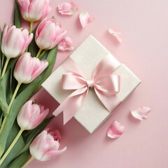 San valentine romantic concept. Top view photo gift box with ribbon bouquet of tulips on pink background.