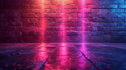 vibrant pink neon rectangle illuminates a dark, textured room with reflective floor