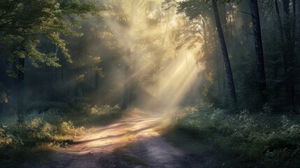  a dirt road in the middle of a forest with sunbeams coming through the trees and a dog laying on the side of the road in the middle of the road.