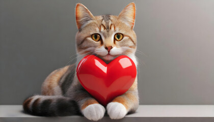 A red 3d heart in the paws of a cat. San valentine day.
