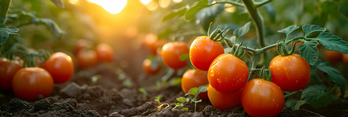 Juicy tomatoes on the farm in sunlight - obrazy, fototapety, plakaty