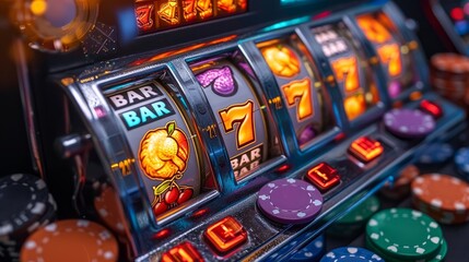 Casino Slot Machine with Bright Symbols and Poker Chips