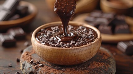 Smooth, melted chocolate in a bowl with dark chocolate chunks and cocoa powder, perfect for...