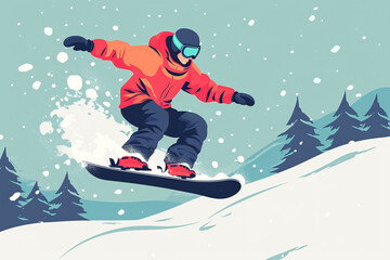 snowboarder jumping on the slope, flat illustration in colours pink and blue.