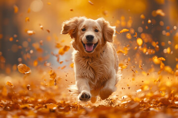 joyful Golden Retriever dog running amidst a shower of autumn leaves, capturing the essence of fall