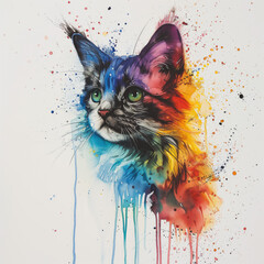 A mesmerizing artwork capturing a cat’s portrait, adorned with vibrant, splashing colors that bring the feline’s intense gaze to life.