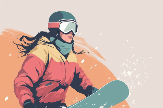 snowboarder woman in style of vector flat minimalistic illustration ,empty space
