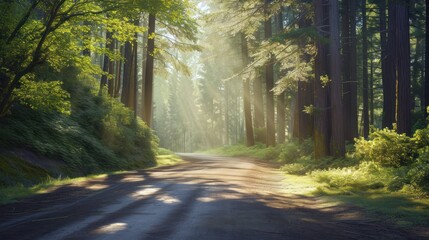 Obraz premium a dirt road in the middle of a forest with sunbeams shining through the trees on either side of the road and the road is surrounded by tall trees.