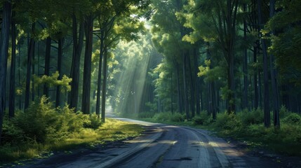 Obraz premium a painting of a dirt road in the middle of a forest with sunlight streaming through the trees on either side of the road is a dirt road that runs through the center of the forest.