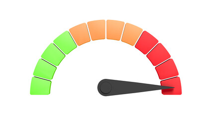 Speedometer. Isolated. Green, orange and red. 3d illustration.