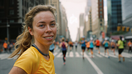 Woman participating in a city marathon. A group of individuals running in a running competition....
