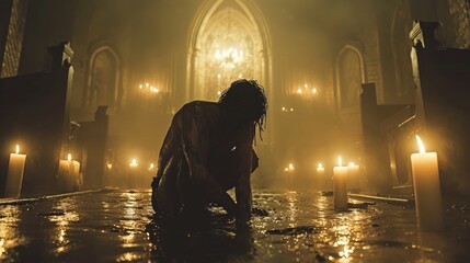 person kneels in solemn prayer, surrounded by candles in the mystic ambiance of a church's interior - obrazy, fototapety, plakaty