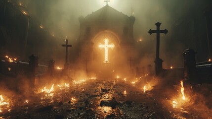 chilling scene with a glowing cross standing out in a foggy cemetery at night, surrounded by eerie flames